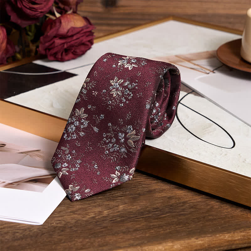 Cravatta floreale vintage rosso scuro e blu da uomo