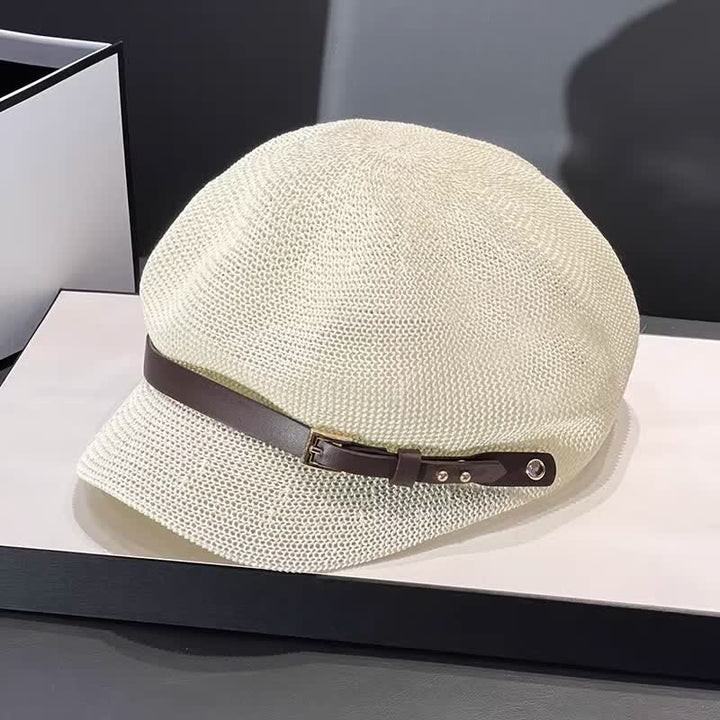 Cappello da spiaggia in paglia con decorazione in pelle intrecciata da donna