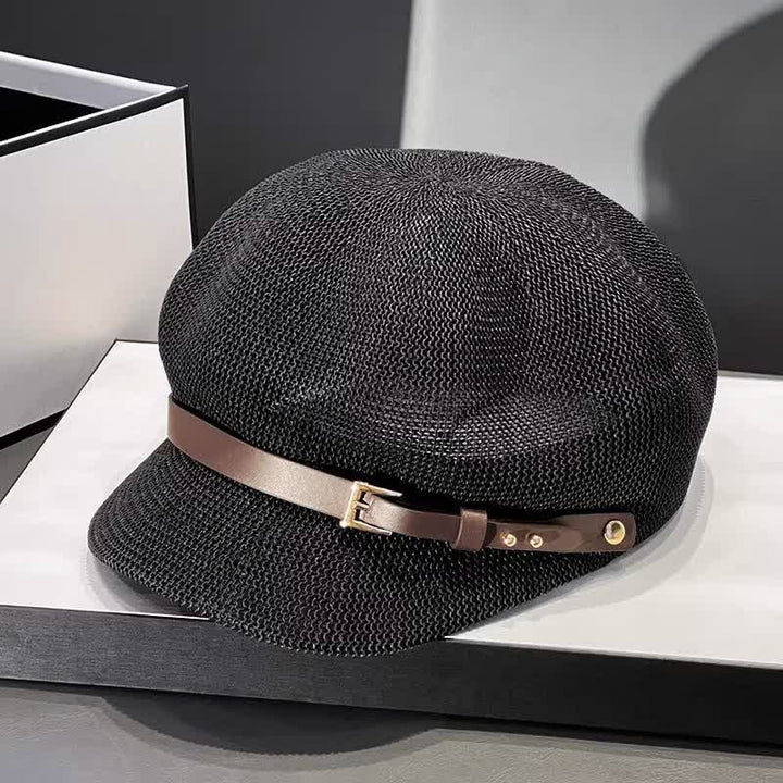 Cappello da spiaggia in paglia con decorazione in pelle intrecciata da donna