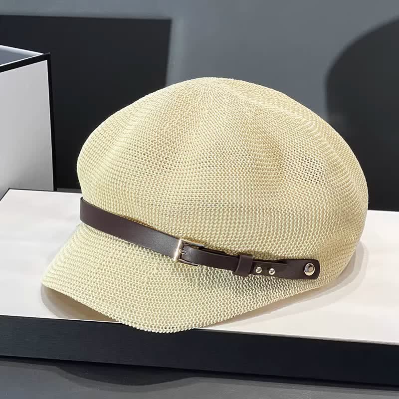 Cappello da spiaggia in paglia con decorazione in pelle intrecciata da donna