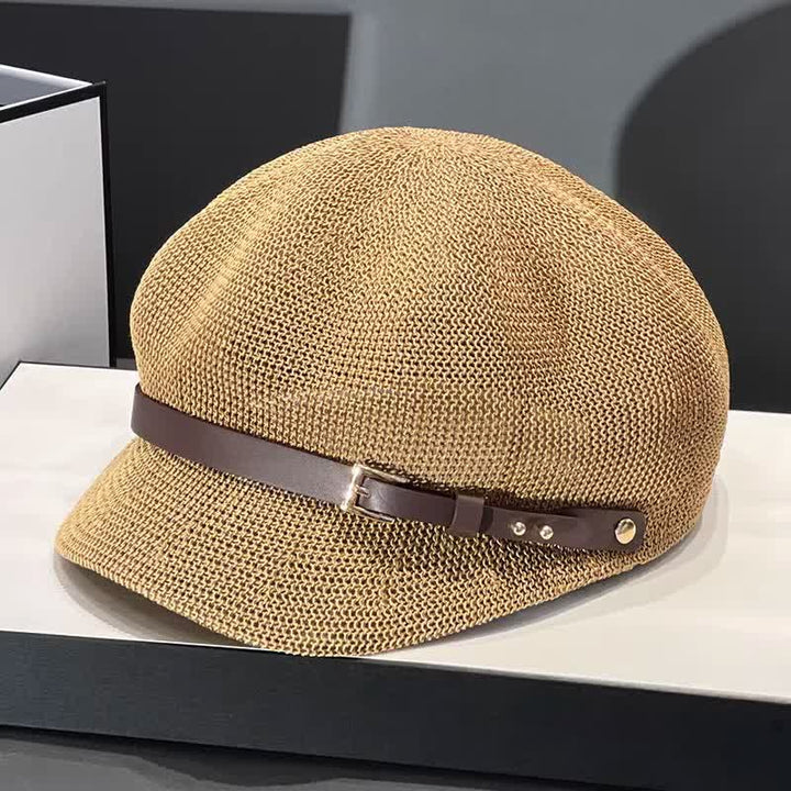 Cappello da spiaggia in paglia con decorazione in pelle intrecciata da donna