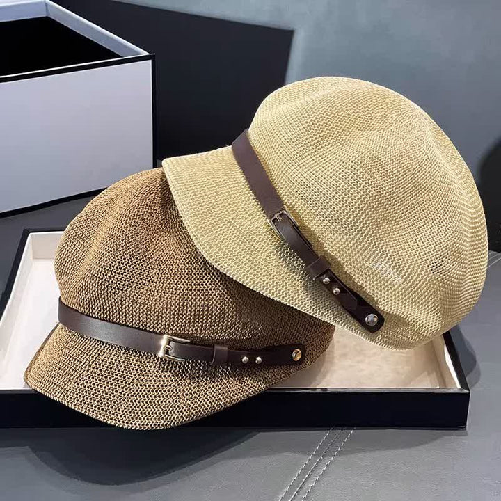 Cappello da spiaggia in paglia con decorazione in pelle intrecciata da donna