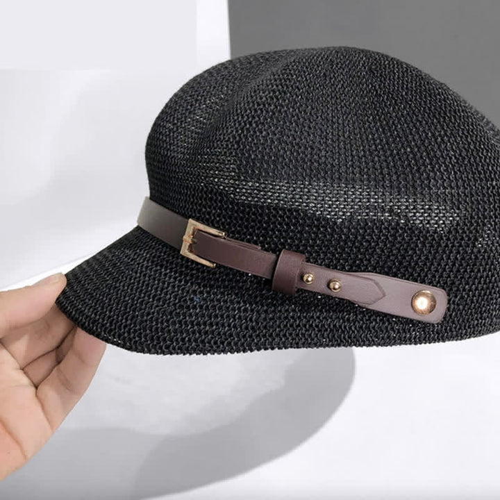 Cappello da spiaggia in paglia con decorazione in pelle intrecciata da donna