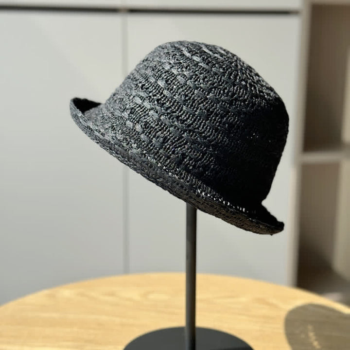 Cappello da pescatore in paglia traspirante con bordo arrotolato unisex - Nero - Regolabile (21 1/4"-23 5/8") - image 9