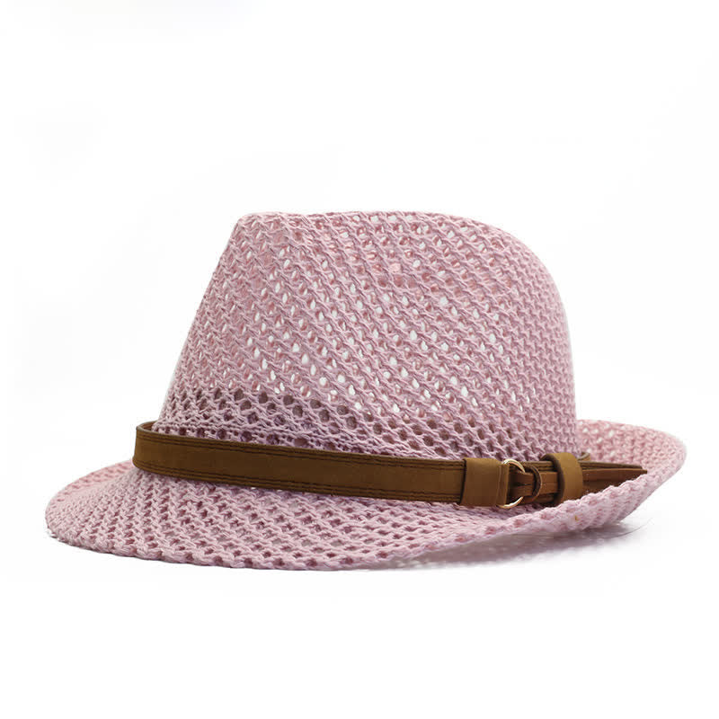 Cappello da uomo in paglia Fedora intrecciata a mano con fascia traforata - Rosa - M (22"-22 7/8") - image 3