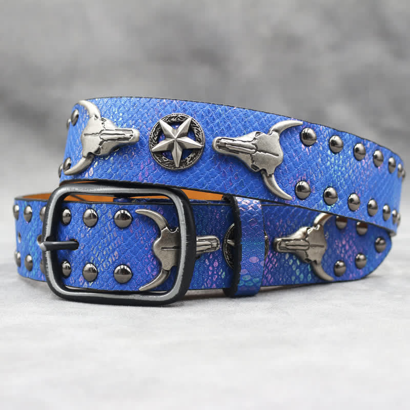 Cintura in pelle stampata con testa di toro argentata e rivetto in pelle di serpente nera - Blu - 44 - image 14