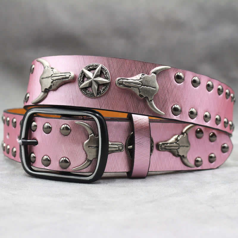 Cintura in pelle stampata con testa di toro argentata e rivetto in pelle di serpente nera - Rosa - 44 - image 16