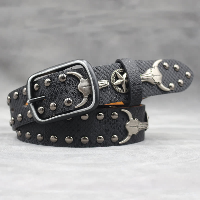 Cintura in pelle stampata con testa di toro argentata e rivetto in pelle di serpente nera
