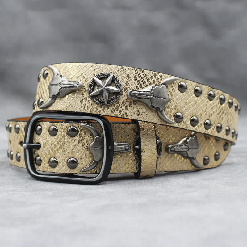 Cintura in pelle stampata con testa di toro argentata e rivetto in pelle di serpente nera - Oro - 44 - image 8