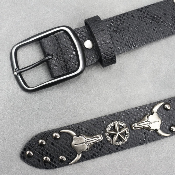 Cintura in pelle stampata con testa di toro argentata e rivetto in pelle di serpente nera