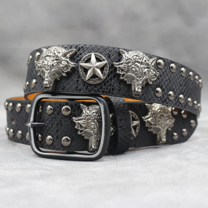 Cintura in pelle stampata in pelle di serpente nera con rivetto a testa di lupo in argento antico
