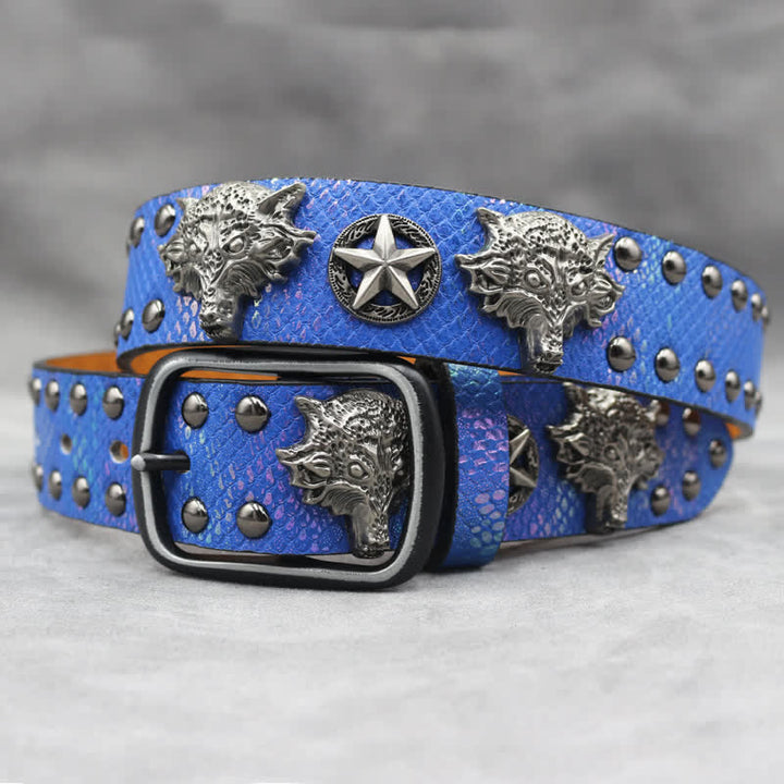 Cintura in pelle stampata in pelle di serpente nera con rivetto a testa di lupo in argento antico