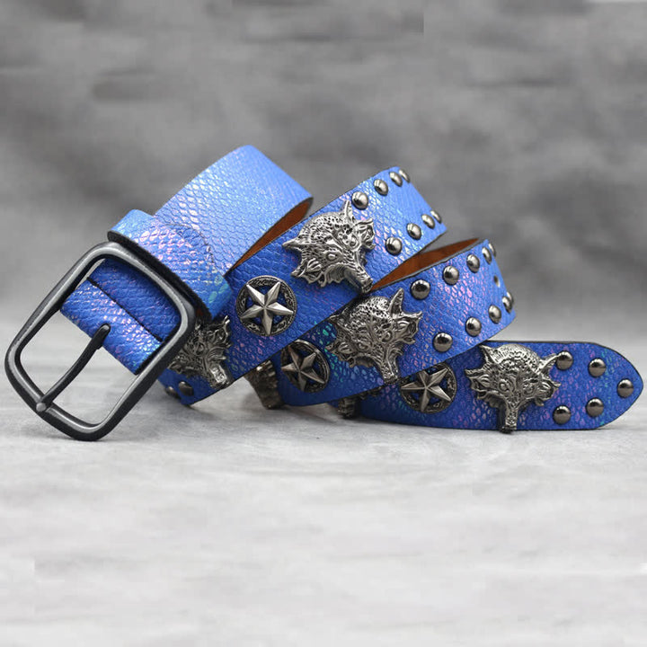 Cintura in pelle stampata in pelle di serpente nera con rivetto a testa di lupo in argento antico