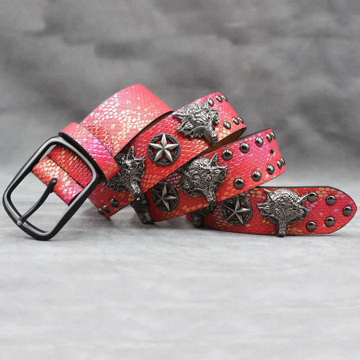 Cintura in pelle stampata in pelle di serpente nera con rivetto a testa di lupo in argento antico