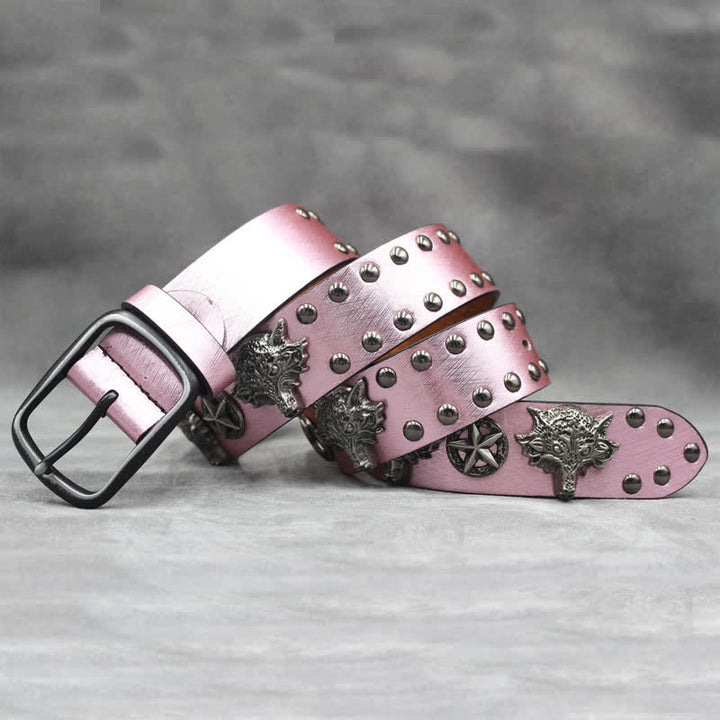 Cintura in pelle stampata in pelle di serpente nera con rivetto a testa di lupo in argento antico