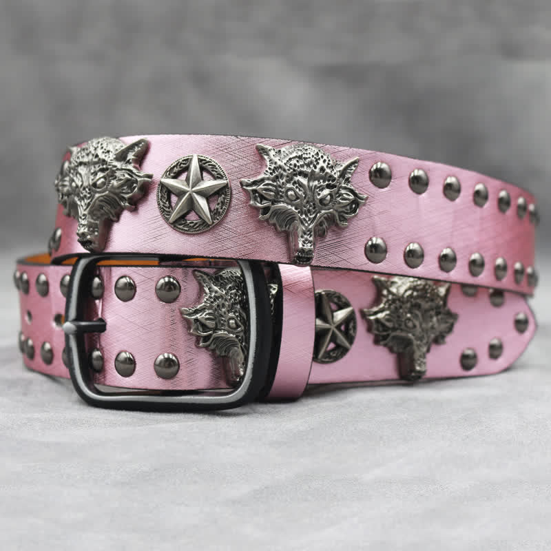 Cintura in pelle stampata in pelle di serpente nera con rivetto a testa di lupo in argento antico