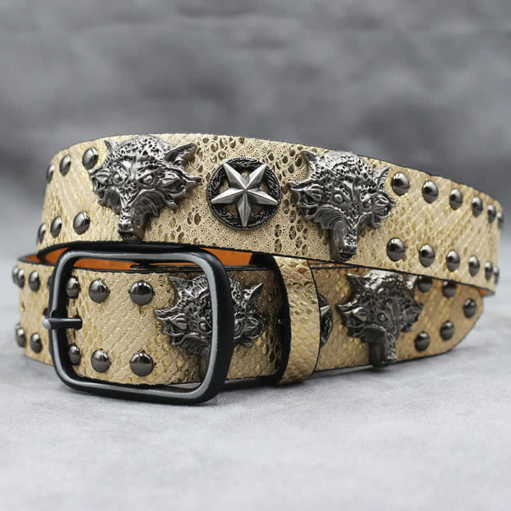 Cintura in pelle stampata in pelle di serpente nera con rivetto a testa di lupo in argento antico