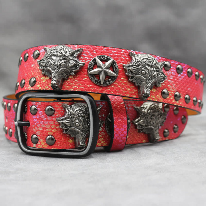 Cintura in pelle stampata in pelle di serpente nera con rivetto a testa di lupo in argento antico