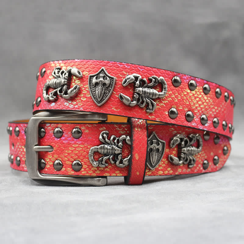 Cintura in pelle stampata con rivetti a forma di scorpione in argento antico - Rosso - 44 - image 10