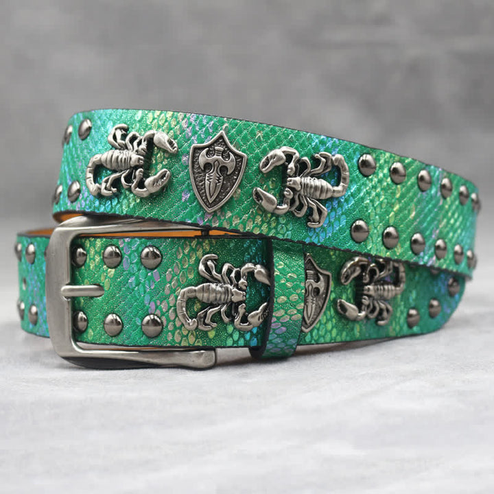 Cintura in pelle stampata con rivetti a forma di scorpione in argento antico - Verde - 44 - image 12