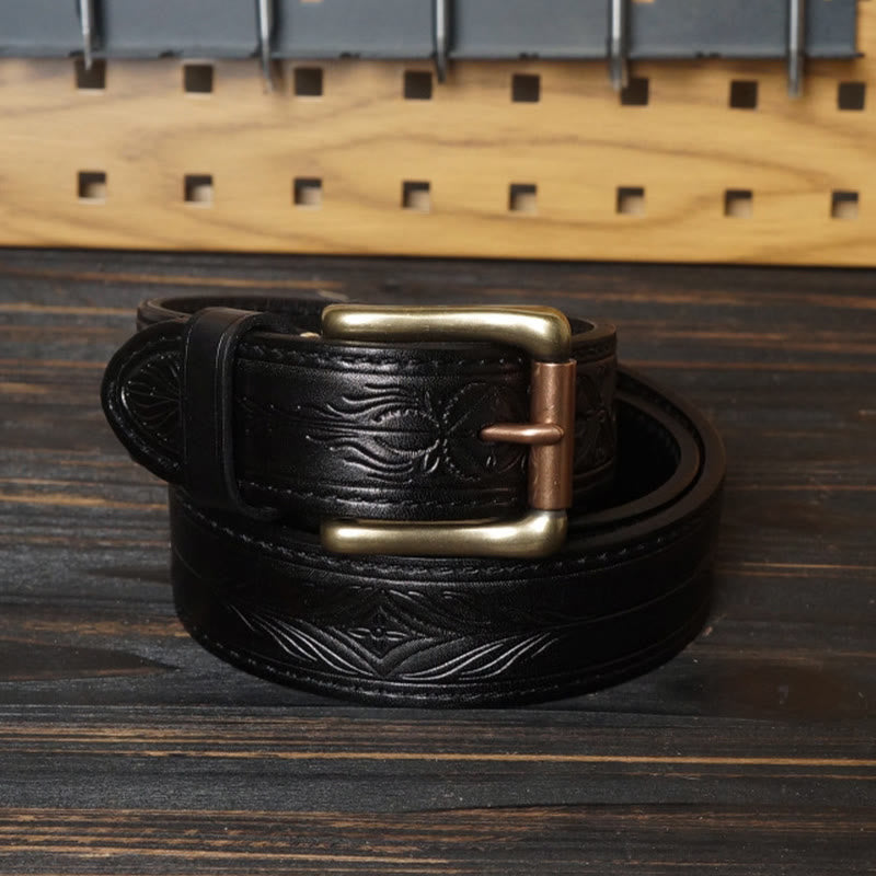 Cintura in pelle con fiore in rilievo in stile western con fibbia in ottone massiccio