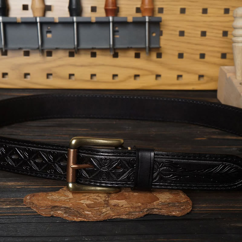 Cintura in pelle con fiore in rilievo in stile western con fibbia in ottone massiccio