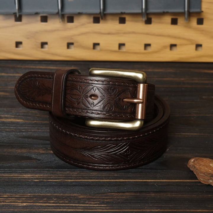 Cintura in pelle con fiore in rilievo in stile western con fibbia in ottone massiccio