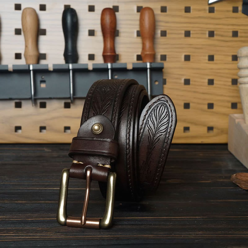 Cintura in pelle con fiore in rilievo in stile western con fibbia in ottone massiccio