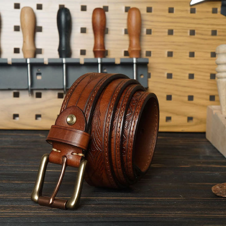 Cintura in pelle con fiore in rilievo in stile western con fibbia in ottone massiccio