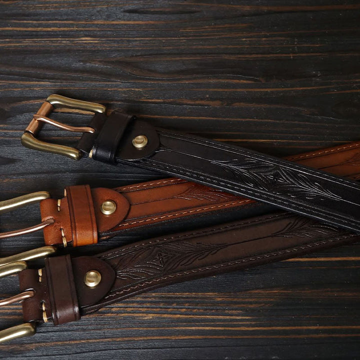 Cintura in pelle con fiore in rilievo in stile western con fibbia in ottone massiccio