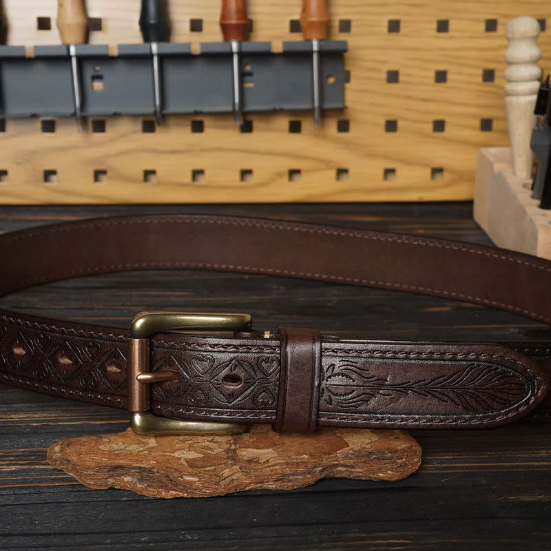Cintura in pelle con fiore in rilievo in stile western con fibbia in ottone massiccio