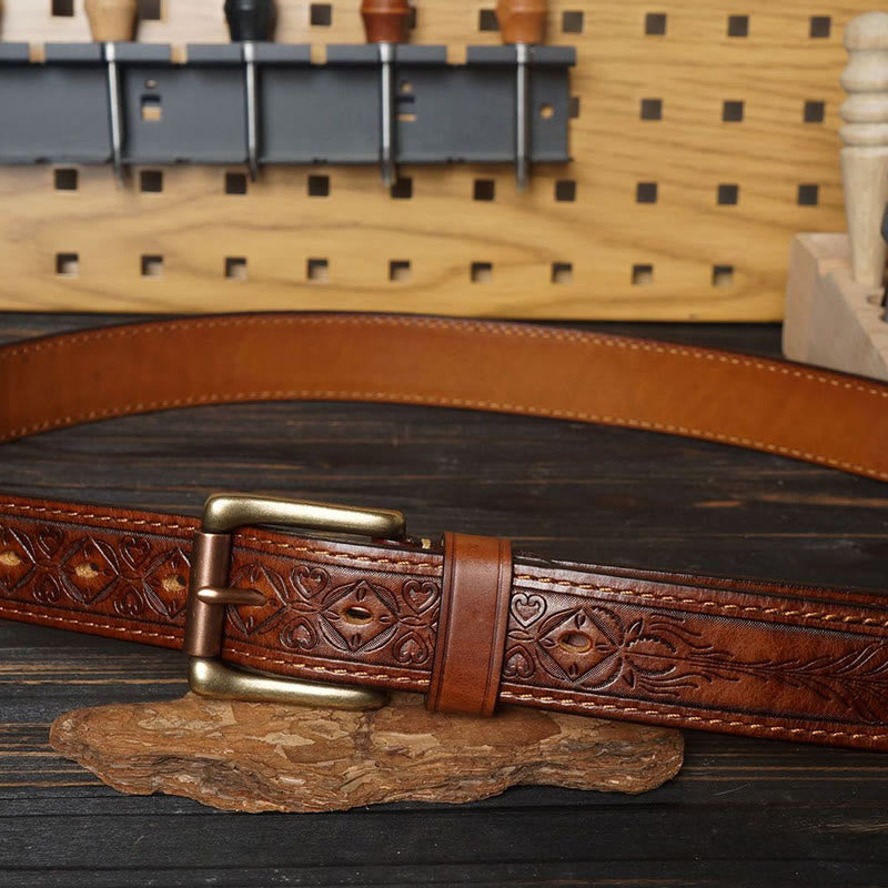 Cintura in pelle con fiore in rilievo in stile western con fibbia in ottone massiccio
