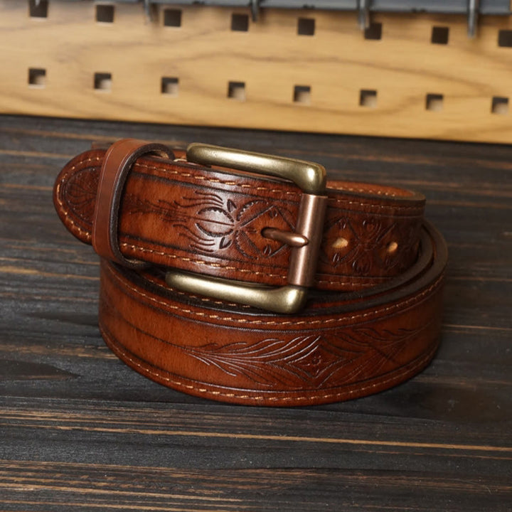 Cintura in pelle con fiore in rilievo in stile western con fibbia in ottone massiccio