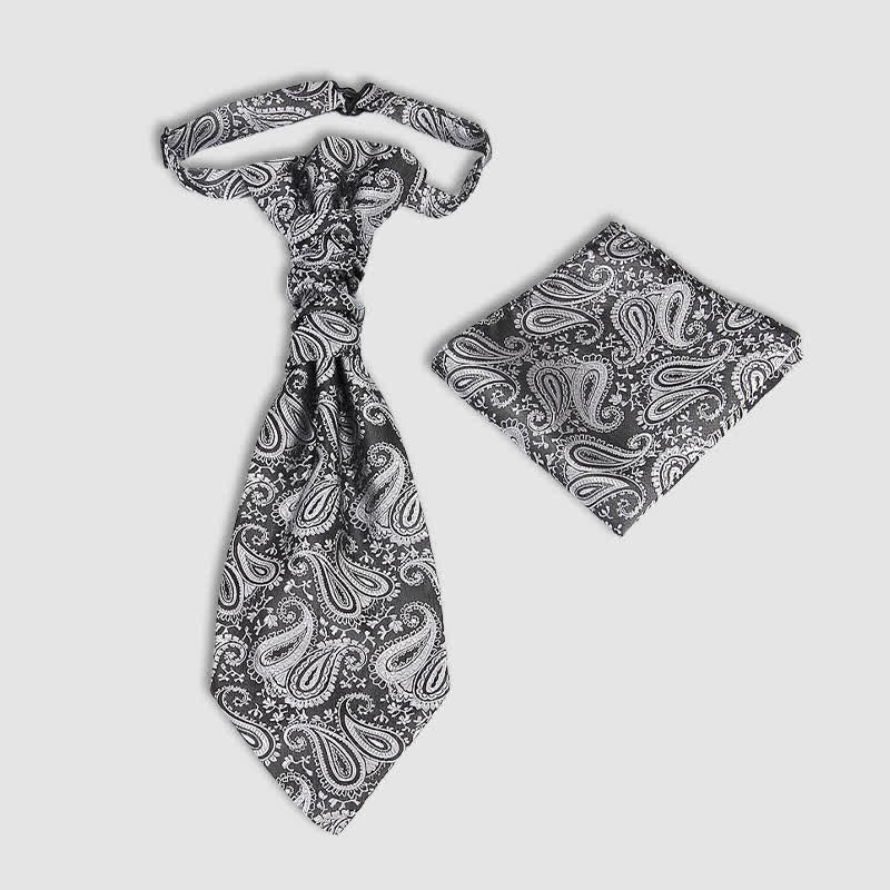 2 pezzi cravatta con nodo a rughe Paisley pre-annodato da uomo e fazzoletto da taschino - Grigio - image 0