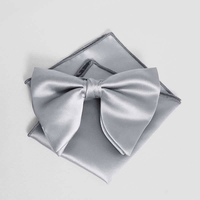 Fazzoletto da taschino con papillon a punta oversize, tinta unita, in stile britannico, da uomo - Grigio chiaro - Papillon + fazzoletto da taschino - image 11