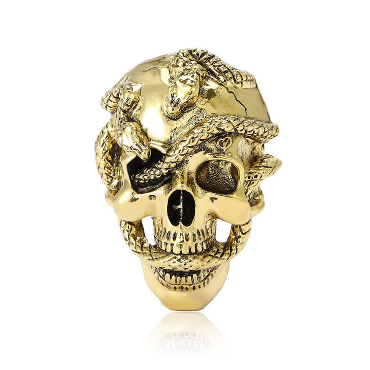 Spilla con testa di teschio gotico pirata e serpente circostante - Oro - image 0