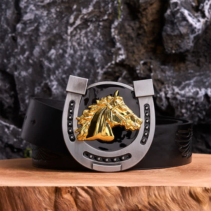 Cintura in pelle con fibbia a ferro di cavallo fai da te in oro e nero