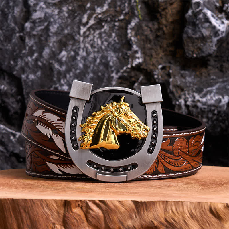 Cintura in pelle con fibbia a ferro di cavallo fai da te in oro e nero