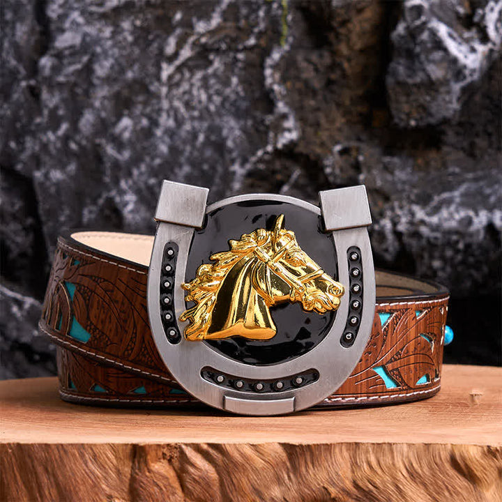 Cintura in pelle con fibbia a ferro di cavallo fai da te in oro e nero - Ferro di cavallo - Cintura intagliata turchese - 42 - image 3