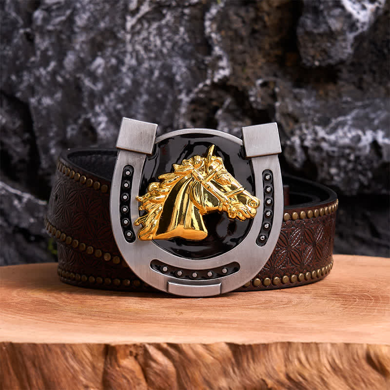 Cintura in pelle con fibbia a ferro di cavallo fai da te in oro e nero