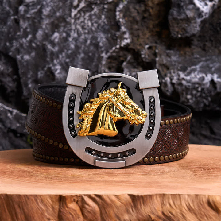 Cintura in pelle con fibbia a ferro di cavallo fai da te in oro e nero