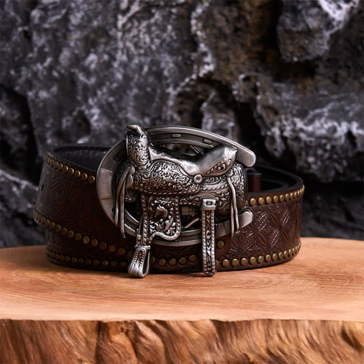 Cintura in pelle con fibbia a ferro di cavallo fai da te per sport equestri - Sella e ferro di cavallo - Cintura con rivetti marroni - 42 - image 4