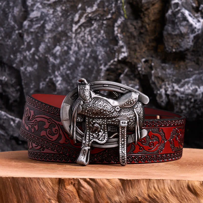 Cintura in pelle con fibbia a ferro di cavallo fai da te per sport equestri - Sella e ferro di cavallo - Cintura marrone intagliata - 42 - image 6