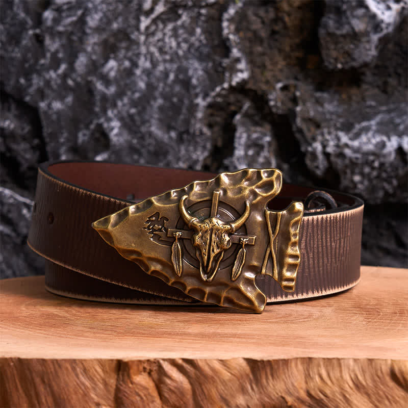 Cintura in pelle con fibbia a forma di toro a forma di freccia a forma di triangolo in bronzo fai da te