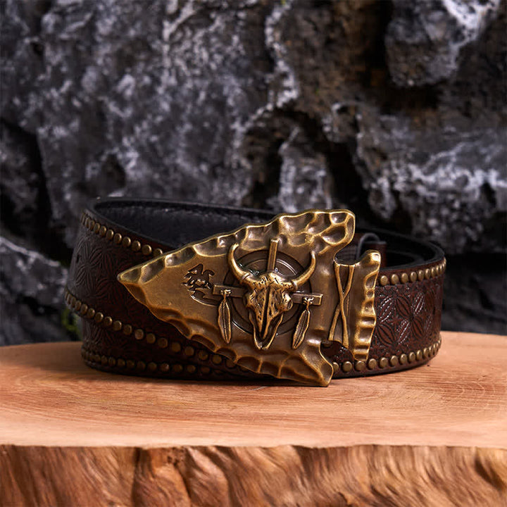 Cintura in pelle con fibbia a forma di toro a forma di freccia a forma di triangolo in bronzo fai da te