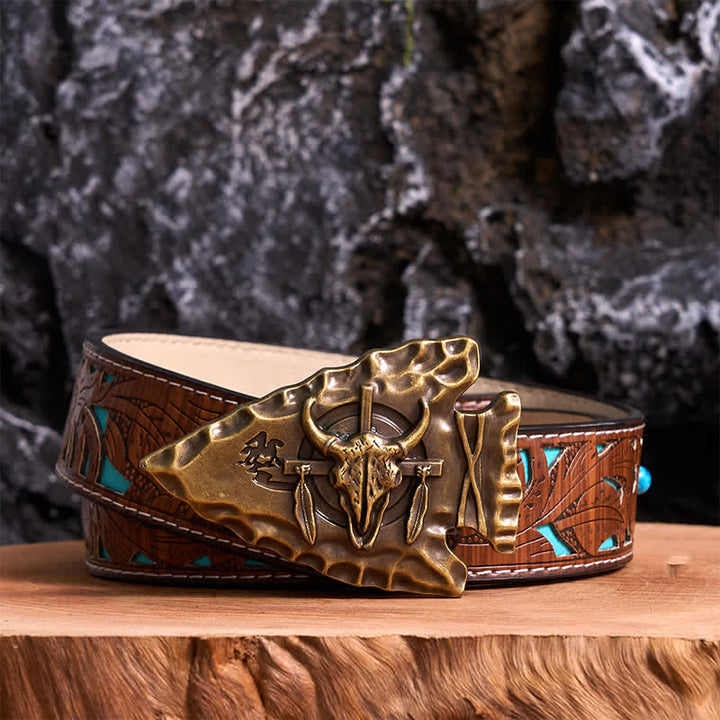 Cintura in pelle con fibbia a forma di toro a forma di freccia a forma di triangolo in bronzo fai da te