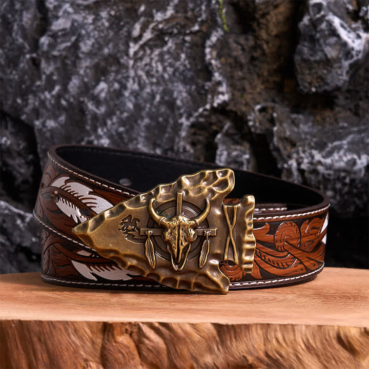 Cintura in pelle con fibbia a forma di toro a forma di freccia a forma di triangolo in bronzo fai da te