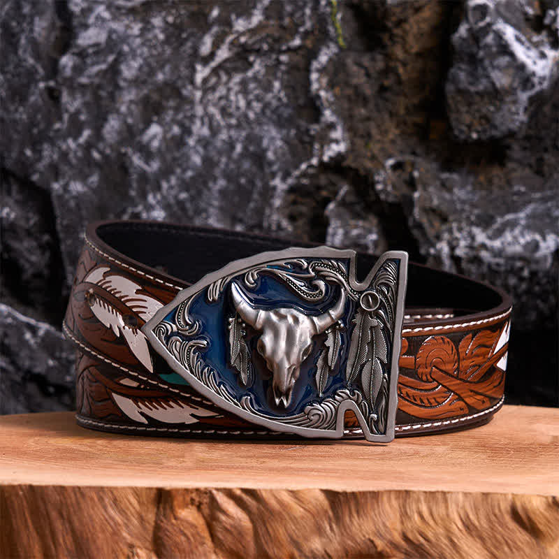 Cintura in pelle con fibbia a forma di toro a forma di punta di freccia smaltata blu navy fai da te