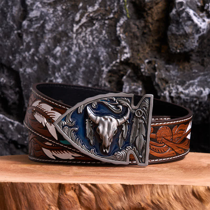 Cintura in pelle con fibbia a forma di toro a forma di punta di freccia smaltata blu navy fai da te