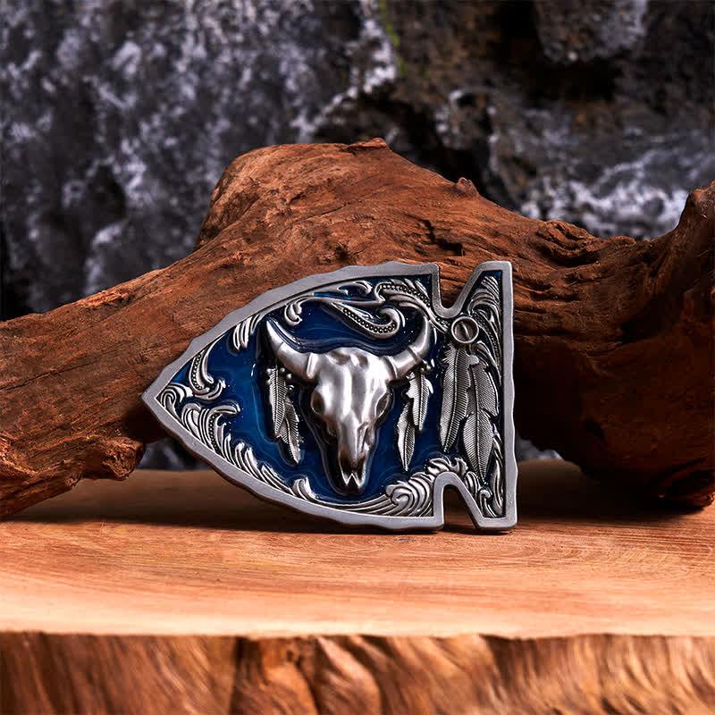 Cintura in pelle con fibbia a forma di toro a forma di punta di freccia smaltata blu navy fai da te - Argento antico - Senza cintura - Cintura non inclusa - image 0